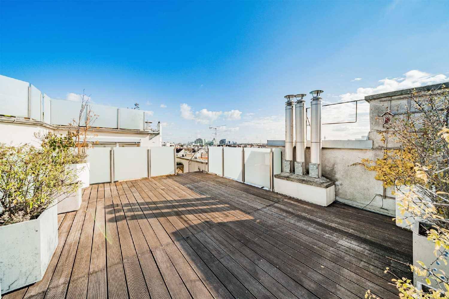 Weitläufige Dachterrasse mit Holzboden, Pflanzen und Blick über die Dächer der Stadt.