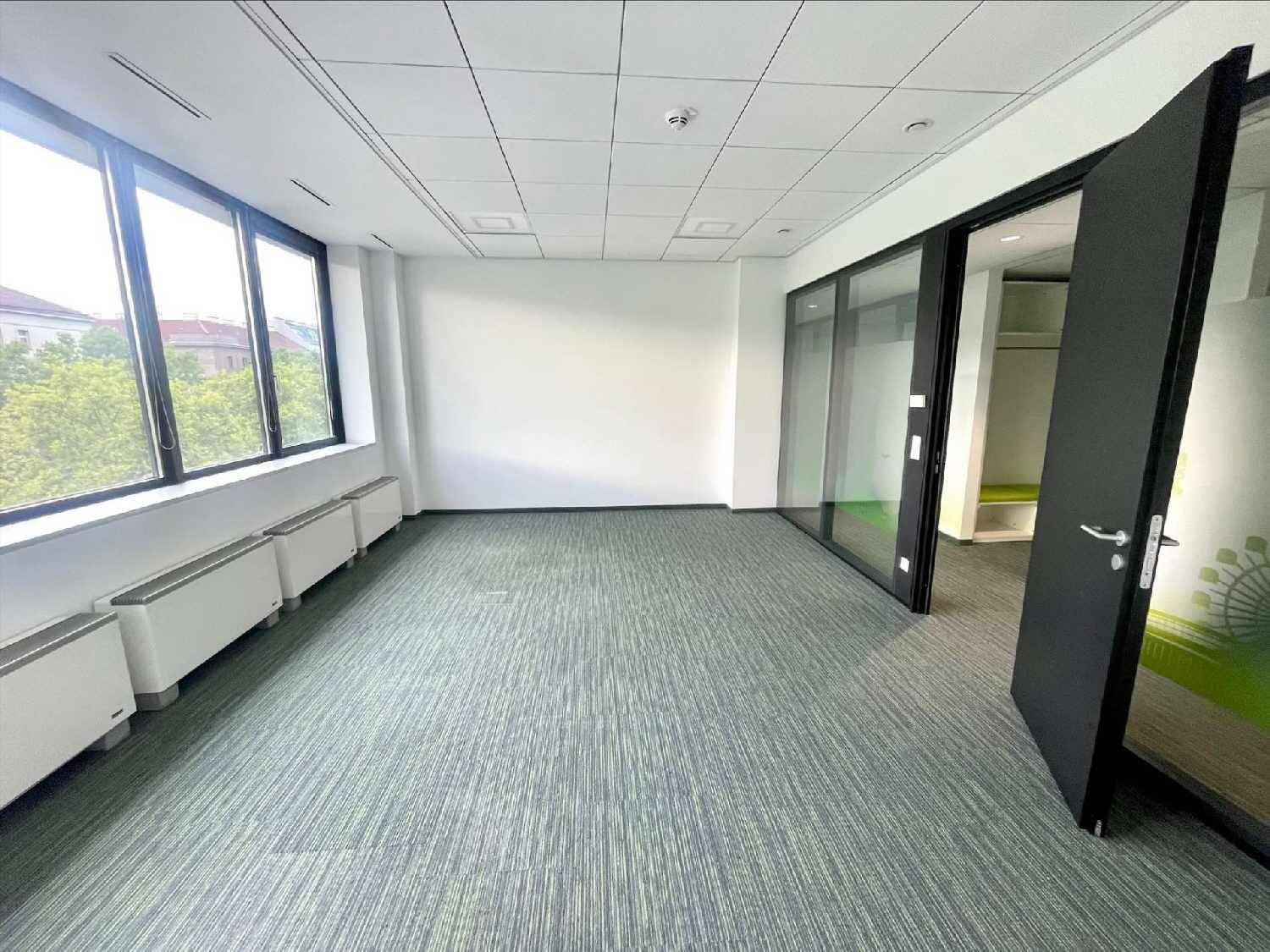 Helles Einzelbüro mit großen Fenstern, Teppichboden und Blick ins Grüne.