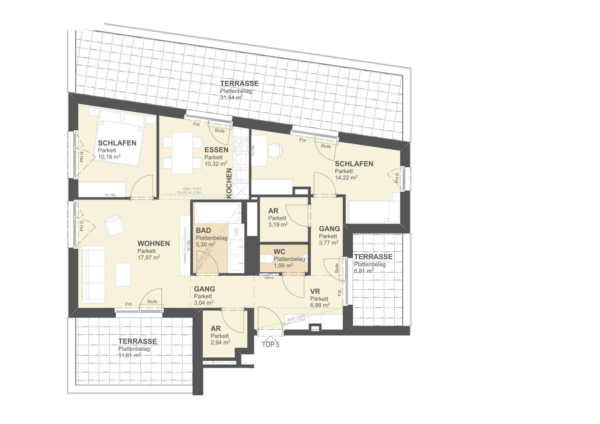 Detaillierter Grundriss einer Wohnung mit mehreren Zimmern und Terrassenbereichen.