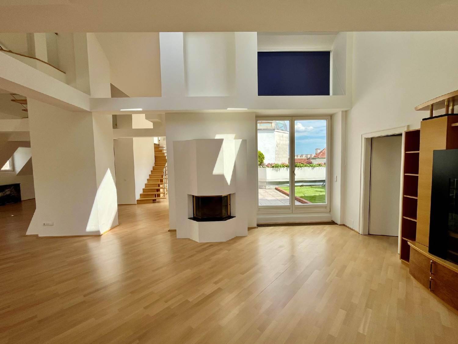 Heller Wohnbereich mit Kamin und Zugang zur Dachterrasse, bietet einen weiten Ausblick.