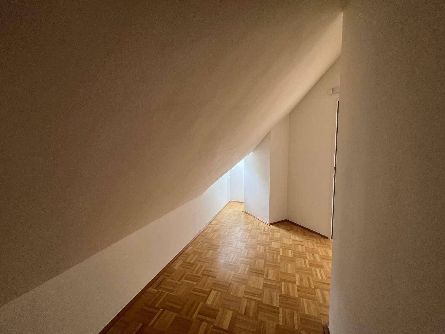 Schmaler Raum mit Parkettboden und starker Dachschräge, ideal als Abstellraum.