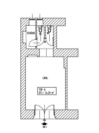 Grundriss eines Gewerberaums mit Teeküche und zwei separaten Toilettenbereichen.