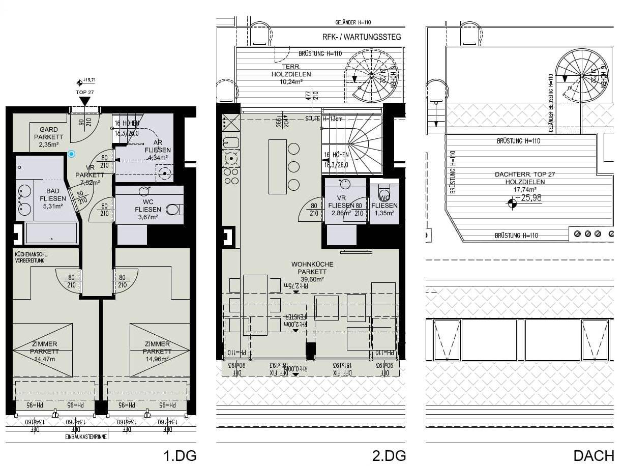 Detaillierter Grundriss über drei Ebenen mit Zimmern, Wohnküche und Dachterrasse.