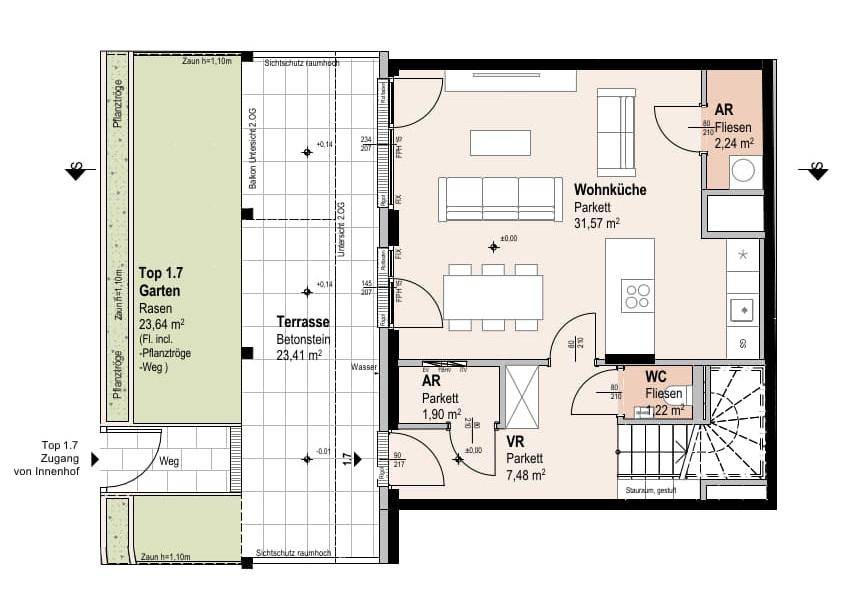 Grundriss des Erdgeschosses mit offener Wohnküche, großer Terrasse und privatem Gartenbereich.