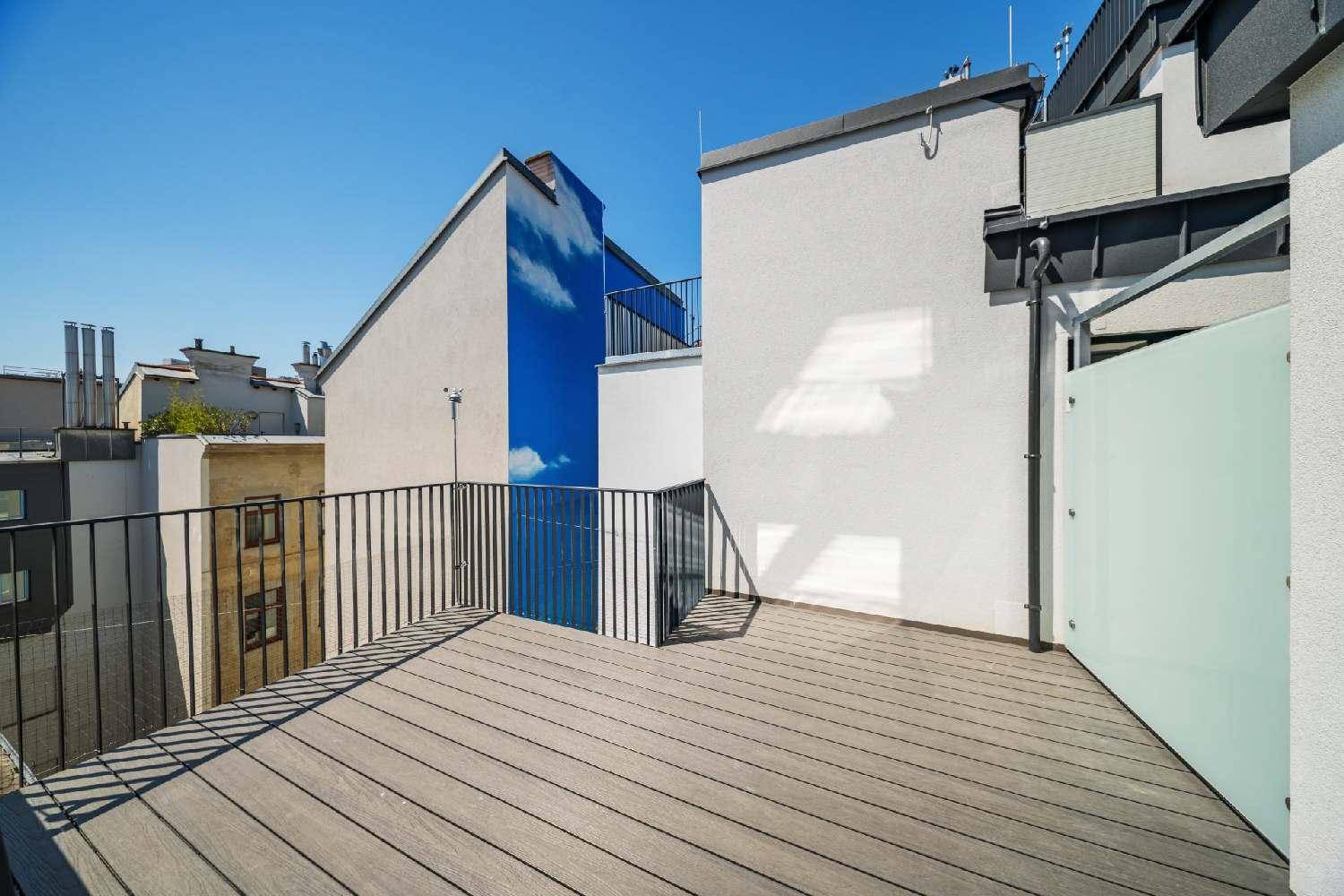 Weitläufige Dachterrasse mit Holzdielen und modernem Geländer unter strahlend blauem Himmel.