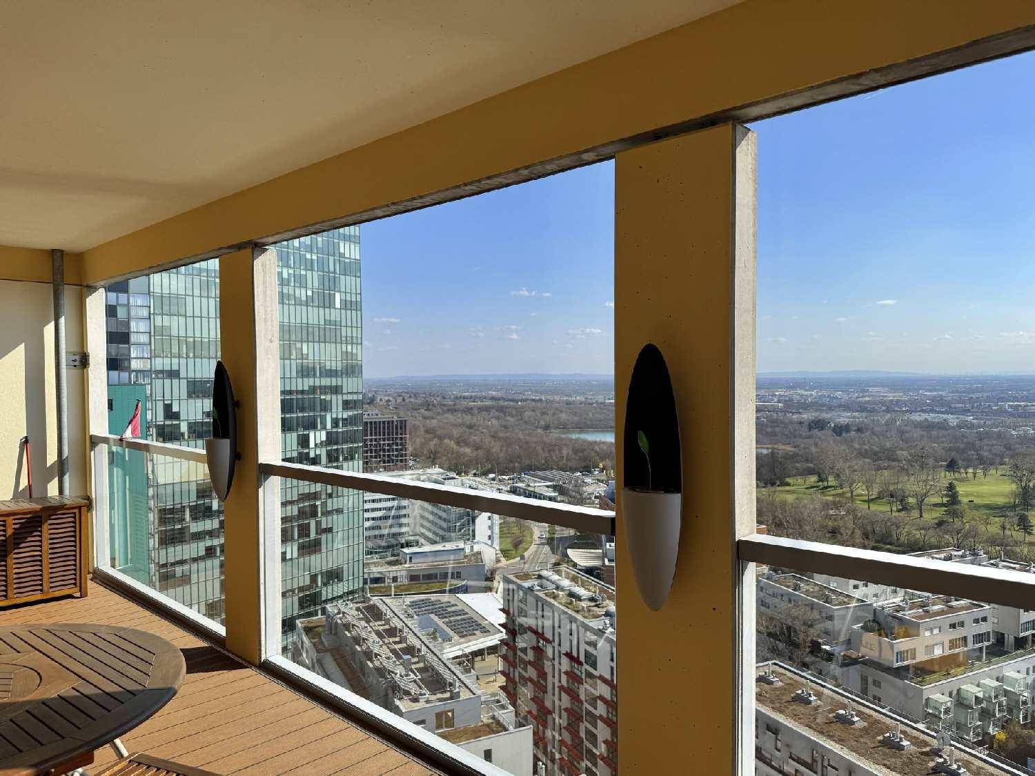 Heller Balkon mit Holzboden und Panoramablick auf die Stadt und umliegende Natur.