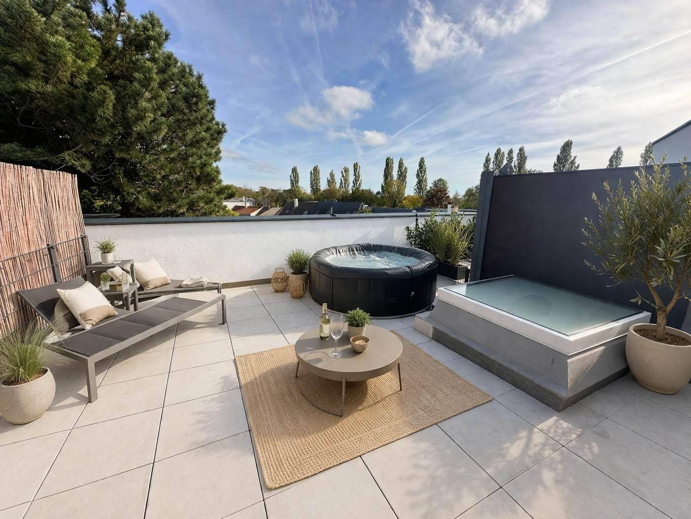 Sonnige Dachterrasse mit Whirlpool, Liegestühlen und Blick auf die grüne Umgebung.