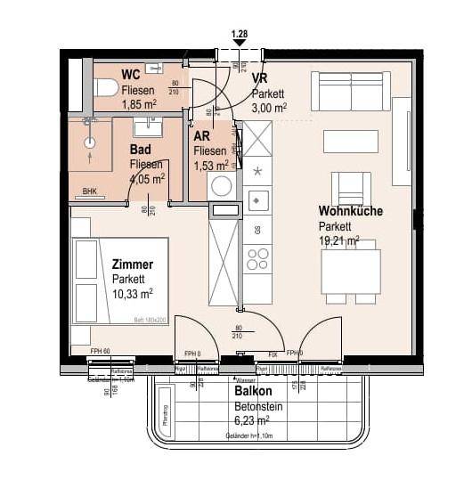 Dieser Grundriss zeigt eine effiziente Raumaufteilung mit offenem Wohnküchenbereich, Schlafzimmer, Bad und Balkon.
