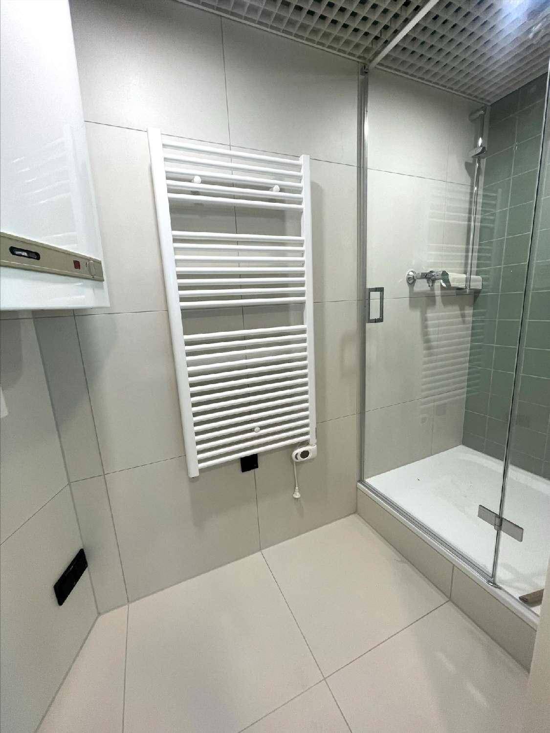 Modernes Badezimmer mit Duschkabine, Handtuchheizkörper und hellen Fliesen, in sehr gutem Zustand.