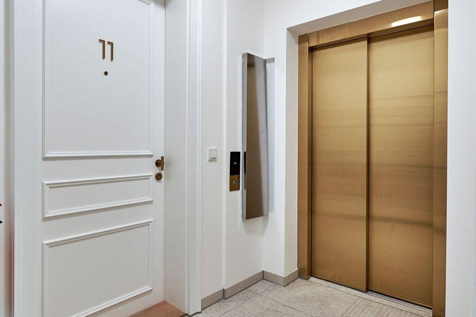Moderner Eingangsbereich mit goldener Aufzugstür und eleganter Wohnungstür Nummer 11.