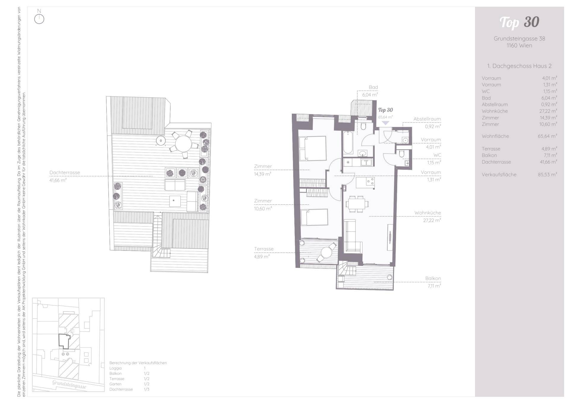Grundriss der Dachgeschosswohnung "Top 30" mit großer Dachterrasse und Balkon.