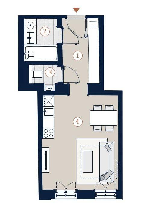 Grundriss einer Wohnung mit offenem Wohnbereich, Schlafzimmer und zwei Bädern.