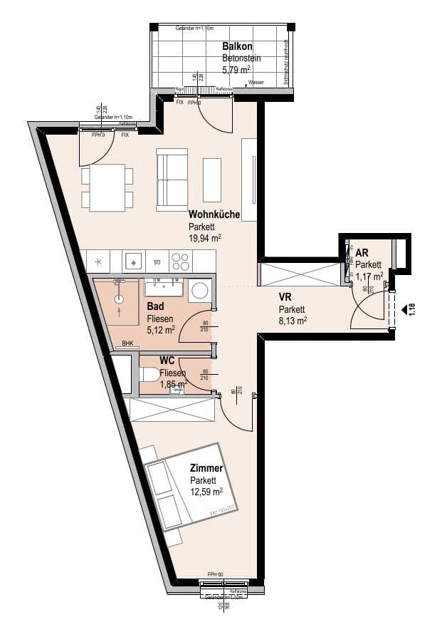 Grundriss einer Wohnung mit offenem Wohn- und Küchenbereich, einem Schlafzimmer, Bad, separatem WC und Balkon.