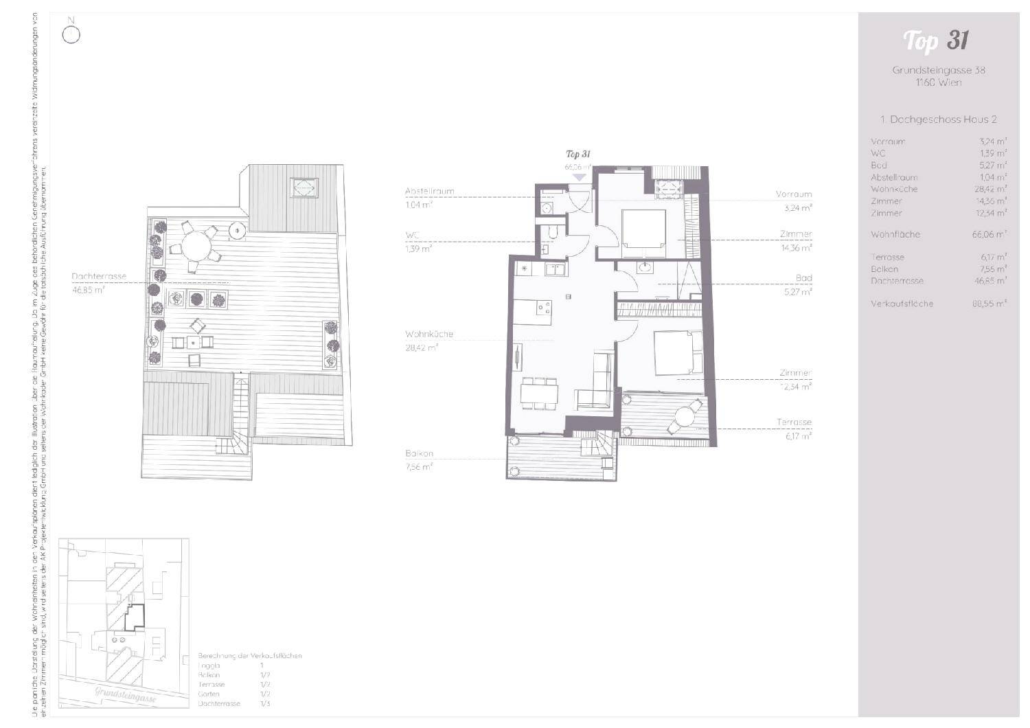 Grundriss für Top 31 mit zwei Ebenen, inklusive Dachterrasse und Balkon.