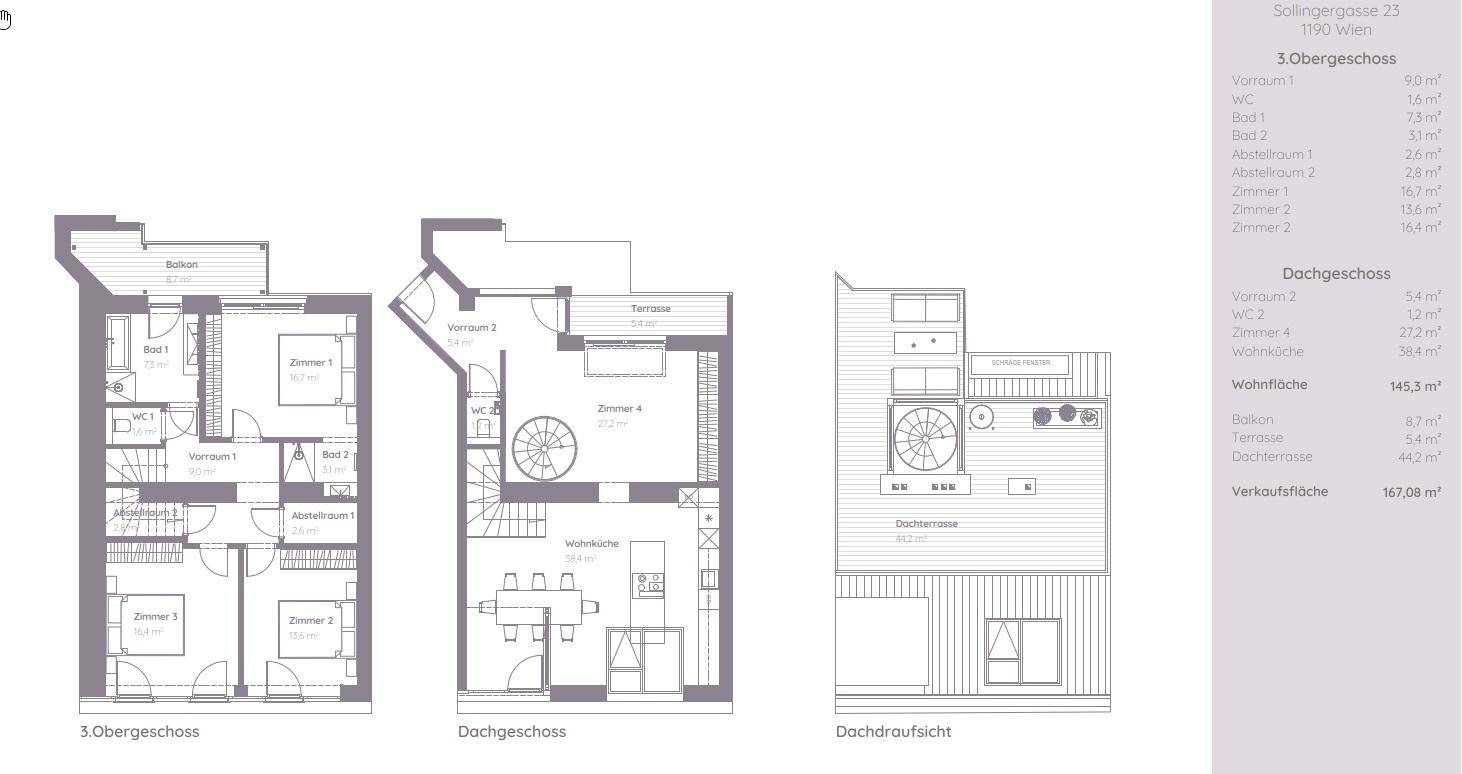 Grundrisse für das 3. Obergeschoss und Dachgeschoss mit Dachterrasse und detaillierten Raumaufteilungen.