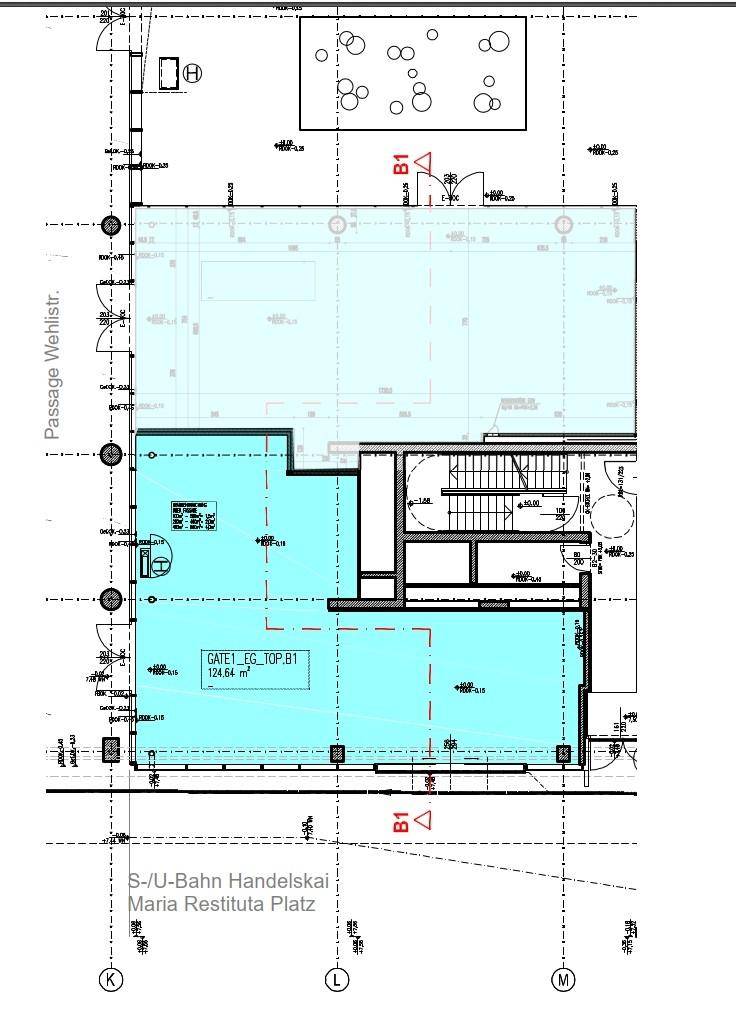 Grundriss einer Gewerbefläche von 124,64 m² im Erdgeschoss mit Zugang zur Passage.