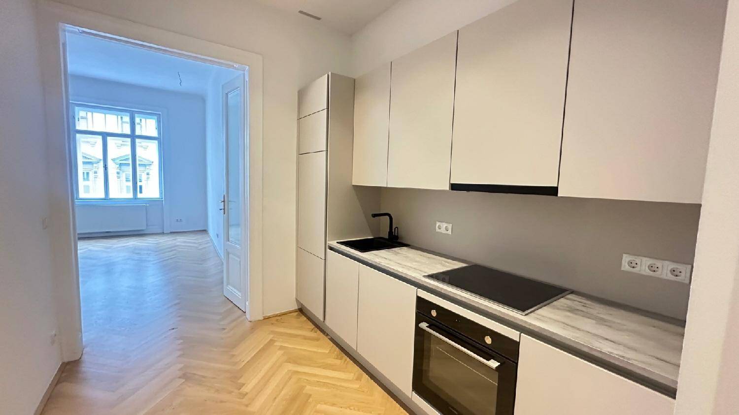Moderne Einbauküche mit hellen Schränken, Induktionskochfeld und Blick in ein weiteres Zimmer.