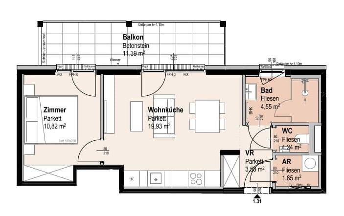 Grundriss einer Wohnung mit offenem Wohn-Essbereich, einem Schlafzimmer, Bad, separatem WC und einem großen Balkon.