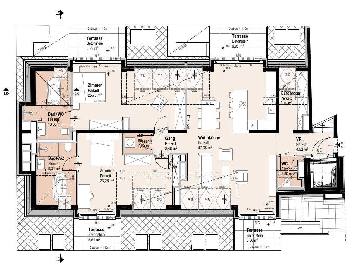 Wohnungsgrundriss mit zwei Bädern, offener Wohnküche, Schlafzimmern und großzügigen Terrassenbereichen.