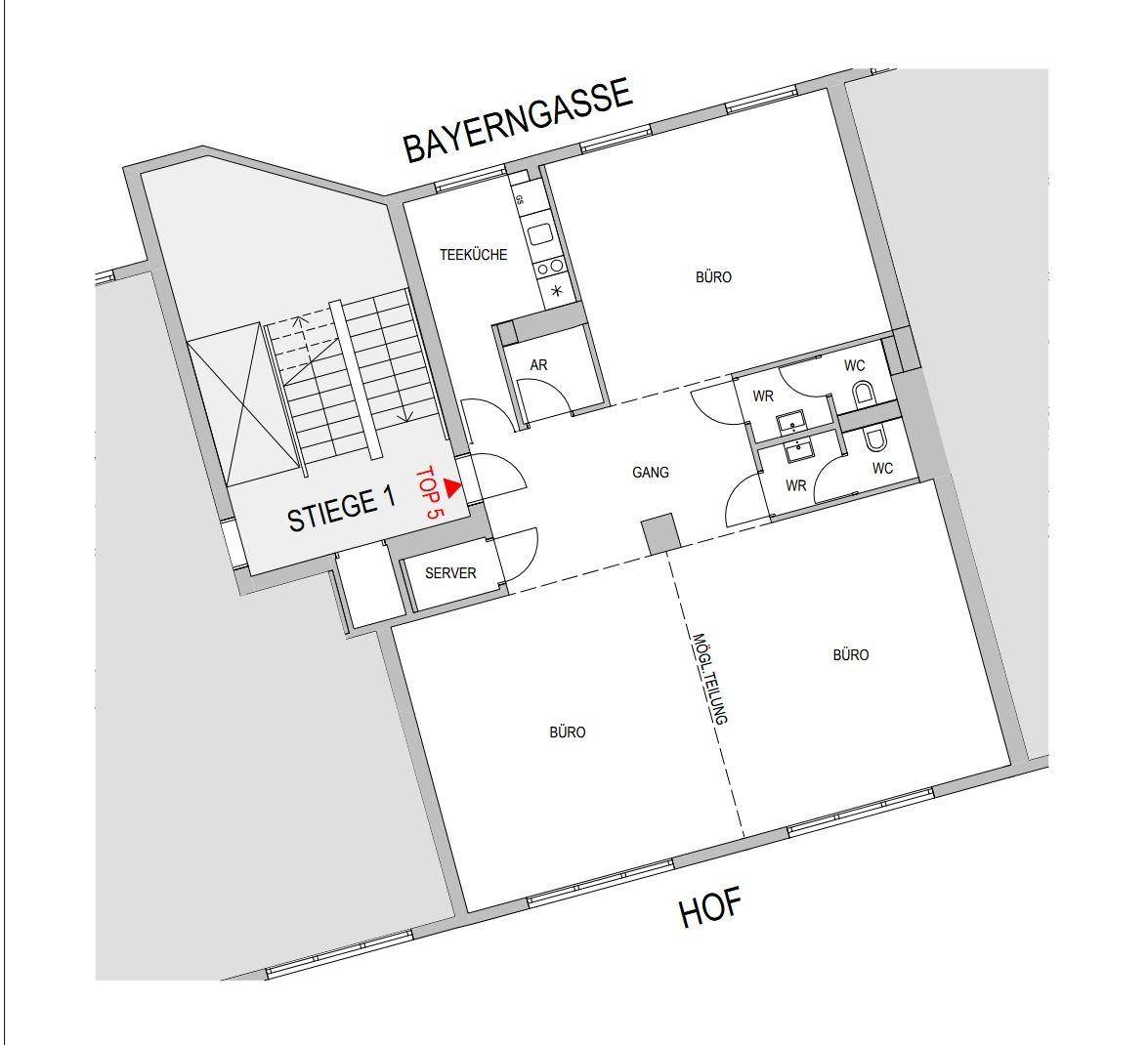 Grundrissplan einer Etage mit Büroräumen, Teeküche und Sanitäranlagen, inklusive Treppenhaus.
