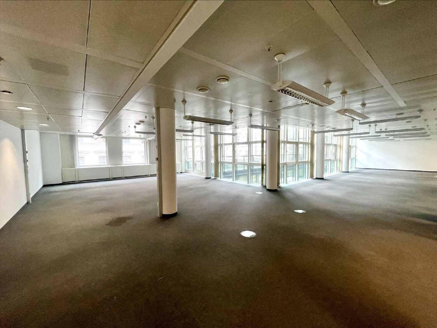 Geräumiger, leerer Büroraum mit Teppichboden, vielen Fenstern und Säulen, bereit zur individuellen Gestaltung.