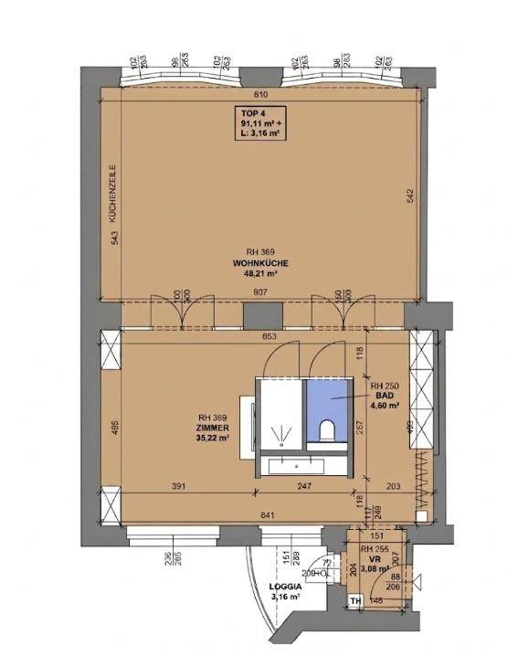 Grundriss der Wohnung mit Wohnküche, Zimmer, Bad und Loggia, Gesamtfläche 91,14 m².