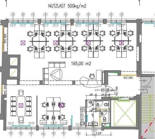 Grundriss eines Bürobereichs mit mehreren Arbeitsplätzen und einer Fläche von 165 m².