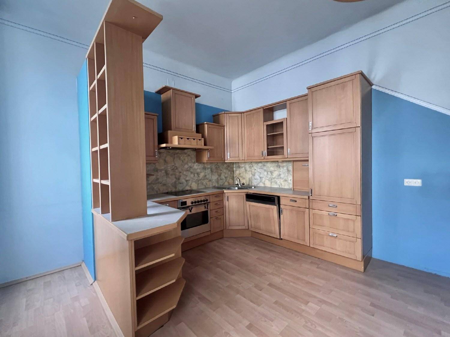 Funktionale Holzküche mit blauen Wänden, integrierten Geräten und praktischem Regal.