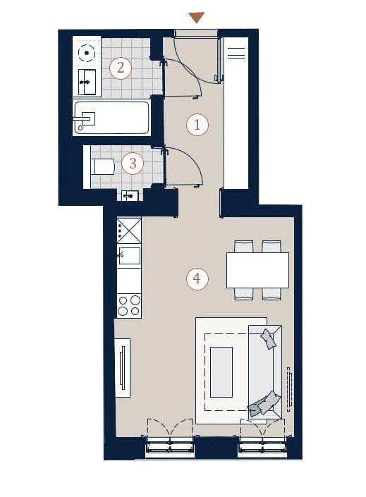 Grundriss einer kompakten Wohnung mit offenem Wohnbereich, Küche und Badezimmer.
