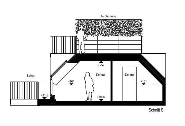 Architektonischer Schnitt zeigt die Beziehung zwischen Balkon, Zimmern und der Dachterrasse.