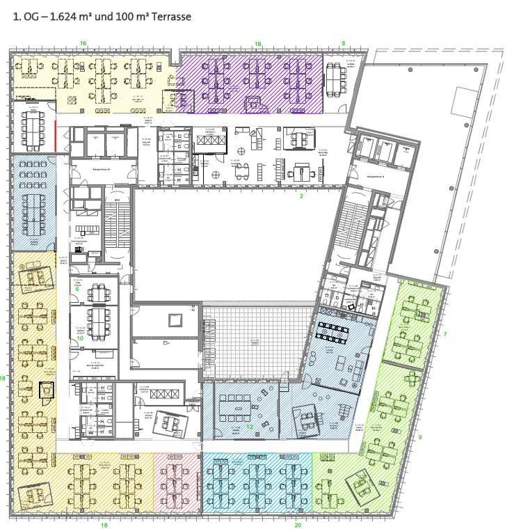 Grundriss des ersten Obergeschosses mit 1.624 m² Bürofläche und einer 100 m² großen Terrasse.