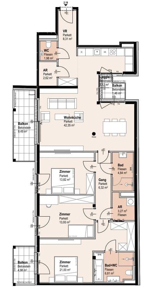 Detaillierter Grundriss einer Wohnung mit offener Wohnküche, mehreren Schlafzimmern, zwei Bädern, separatem WC und Balkonen.