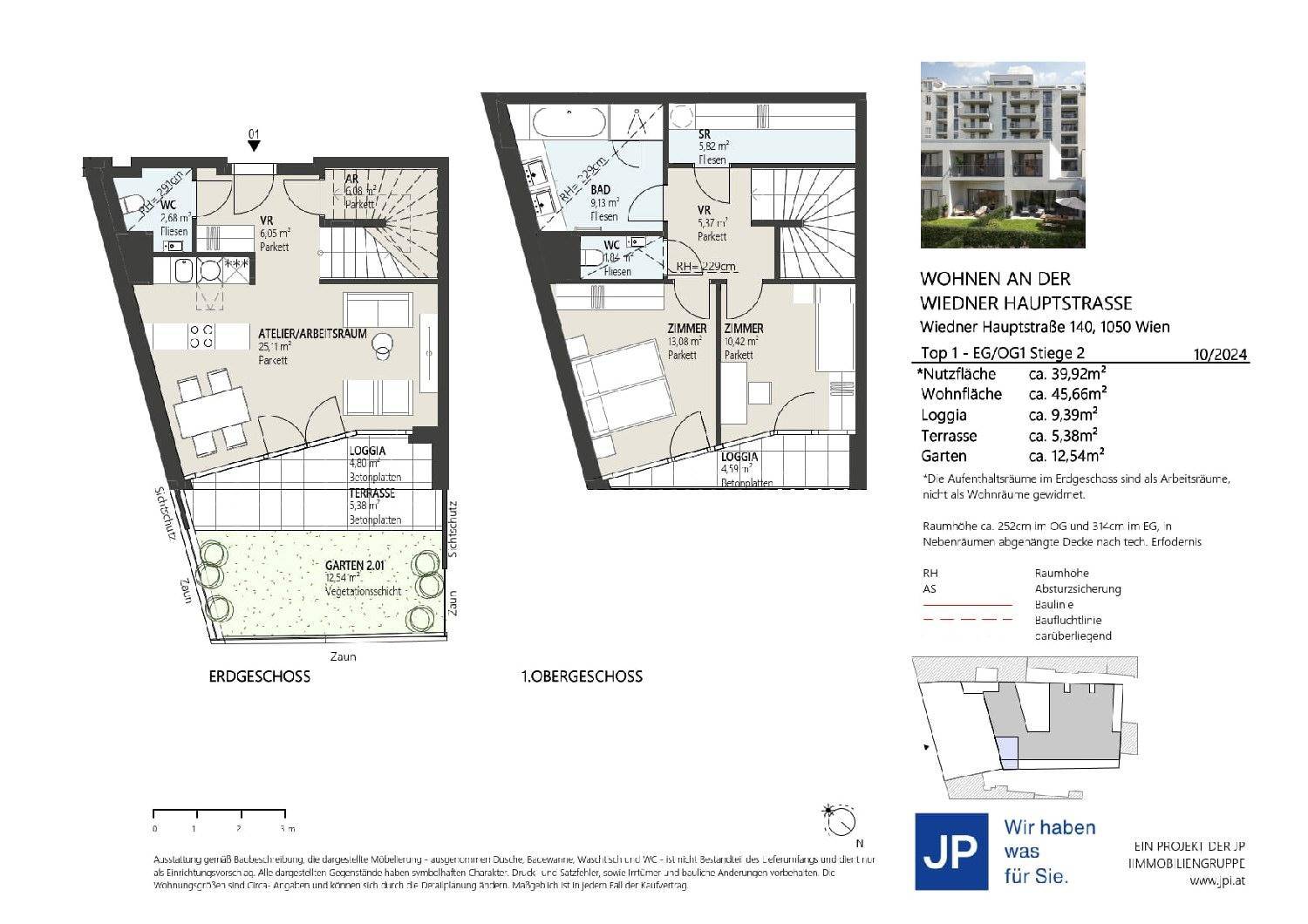 Detaillierter Grundriss einer Maisonette-Wohnung mit Garten, Terrasse und Loggia auf zwei Ebenen.