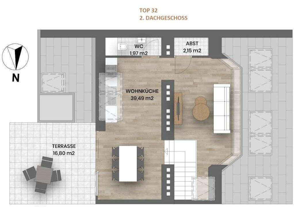 Grundriss des zweiten Dachgeschosses mit Wohnküche, WC und großer Terrasse.