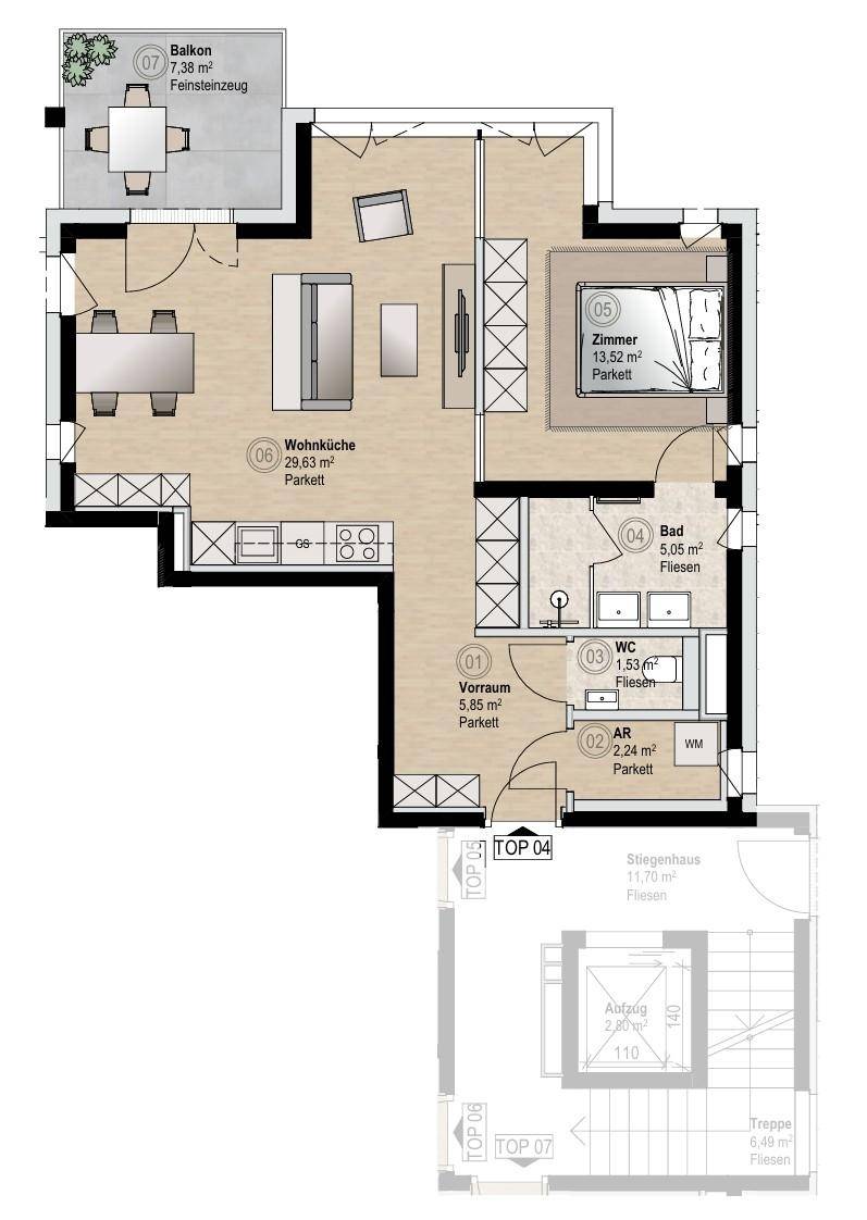 Detaillierter Grundriss einer Wohnung mit Wohnküche, Schlafzimmer, Bad und Balkon.