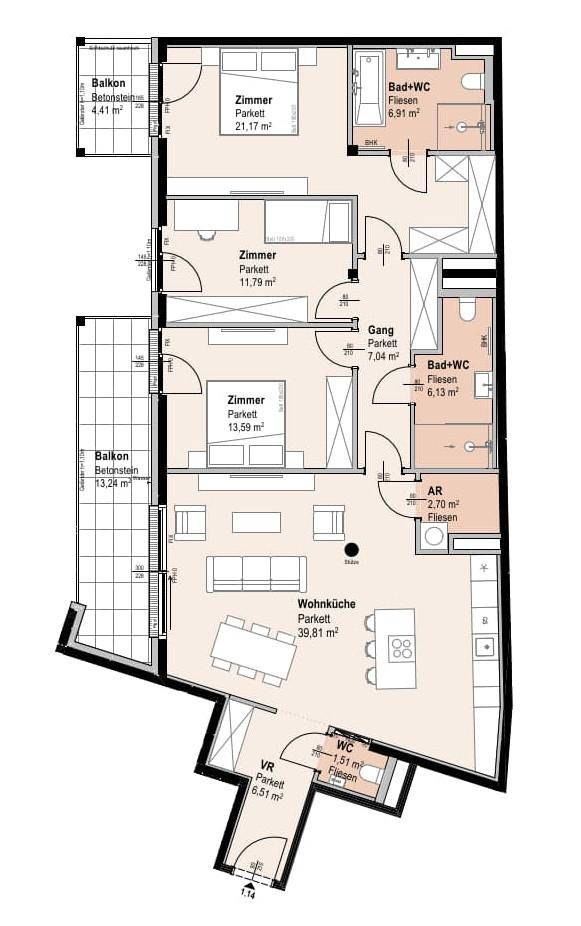 Detaillierter Grundriss einer Wohnung mit drei Schlafzimmern, zwei Bädern, offener Wohnküche und zwei Balkonen.
