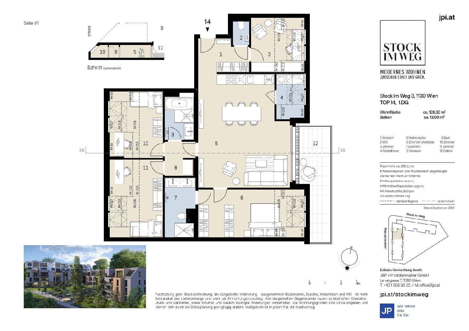 Detaillierter Grundriss einer Wohnung mit drei Schlafzimmern und Balkon.