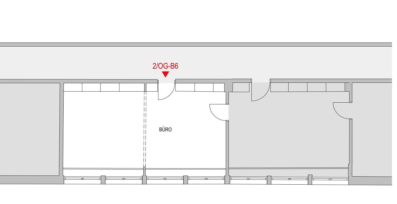 Einfacher Grundriss eines Bürobereichs mit zwei Räumen und einer durchgehenden Fensterfront.