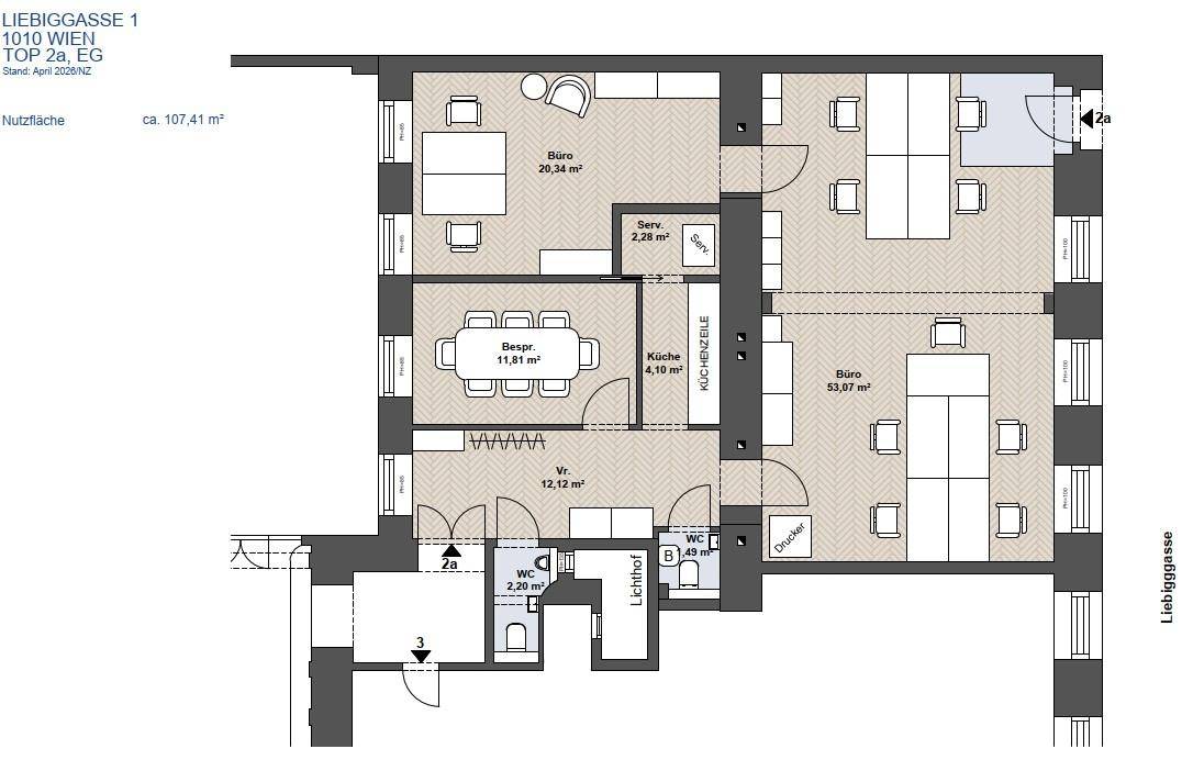 Grundriss einer Wohnung in Wien mit mehreren Büroräumen, Küche und Bädern auf 107,41 m².