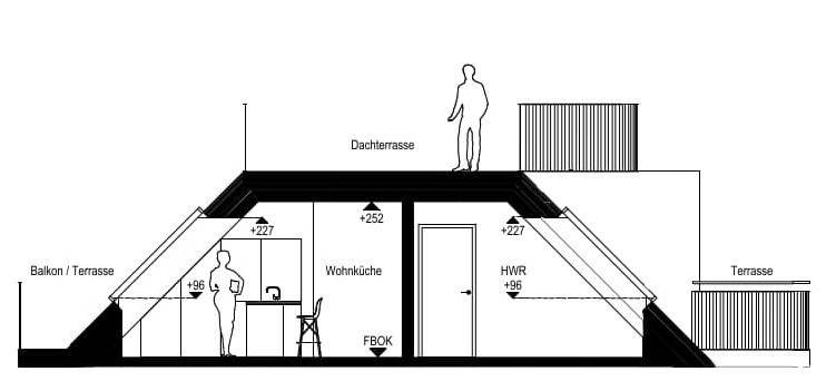 Querschnitt der Wohnung zeigt Dachterrasse, Balkon/Terrasse und Innenräume mit Dachschrägen.