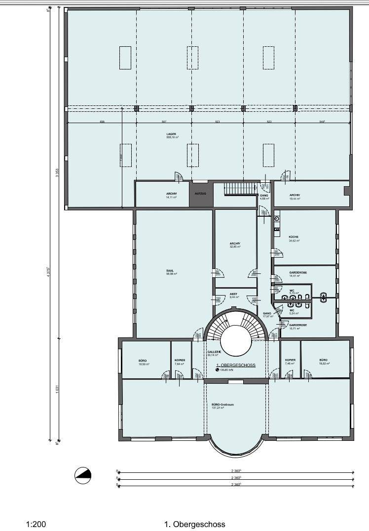 Grundriss des ersten Obergeschosses mit Lager, Archiv, Saal, Büros und Küche.