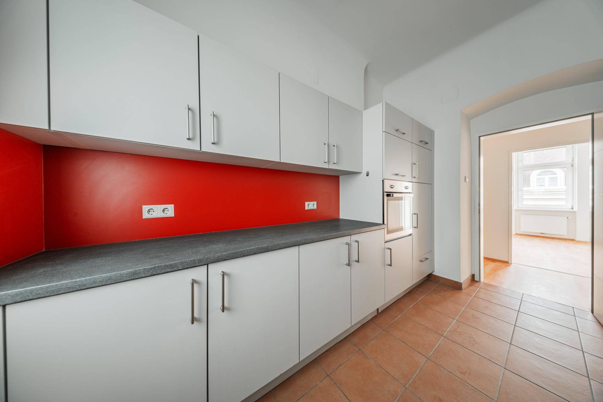 Moderne Küche mit grauen Schränken, roter Rückwand und integriertem Backofen.