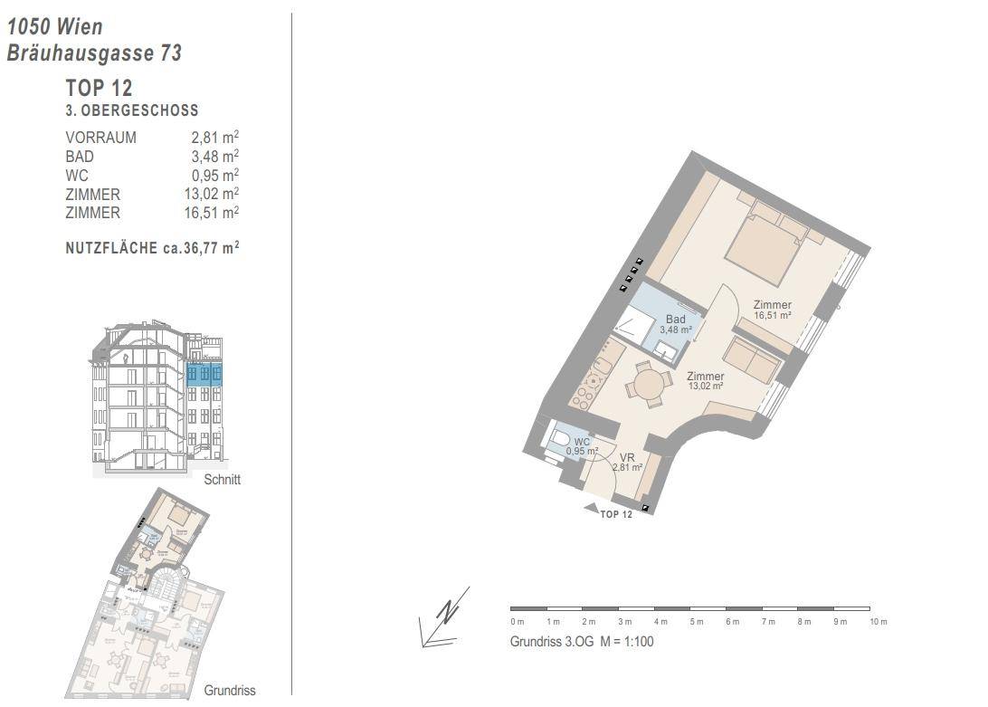 Grundriss der Wohnung Top 12 im 3. Obergeschoss mit offener Wohnküche und Balkon.