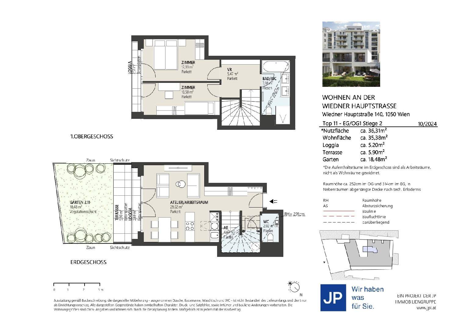 Detaillierter Grundriss einer Maisonette-Wohnung mit Garten, Terrasse und Loggia.