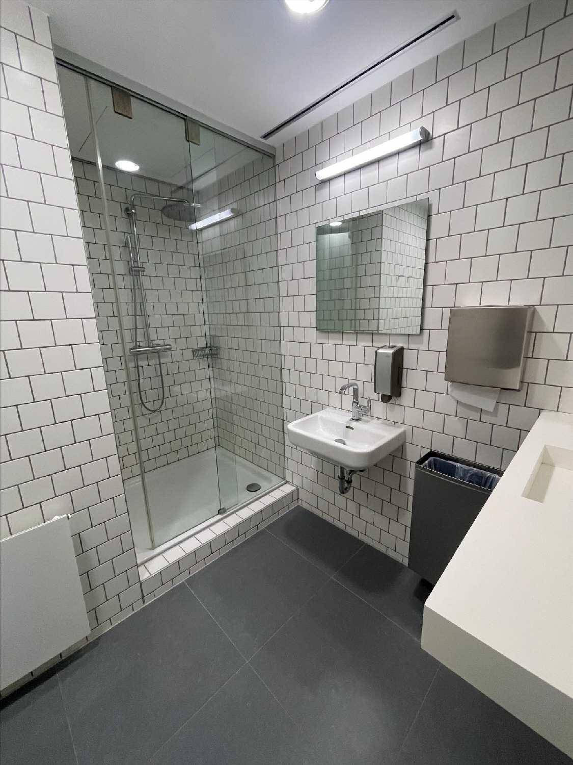 Modernes Badezimmer mit weißen U-Bahn-Fliesen, begehbarer Dusche und minimalistischem Waschbecken.