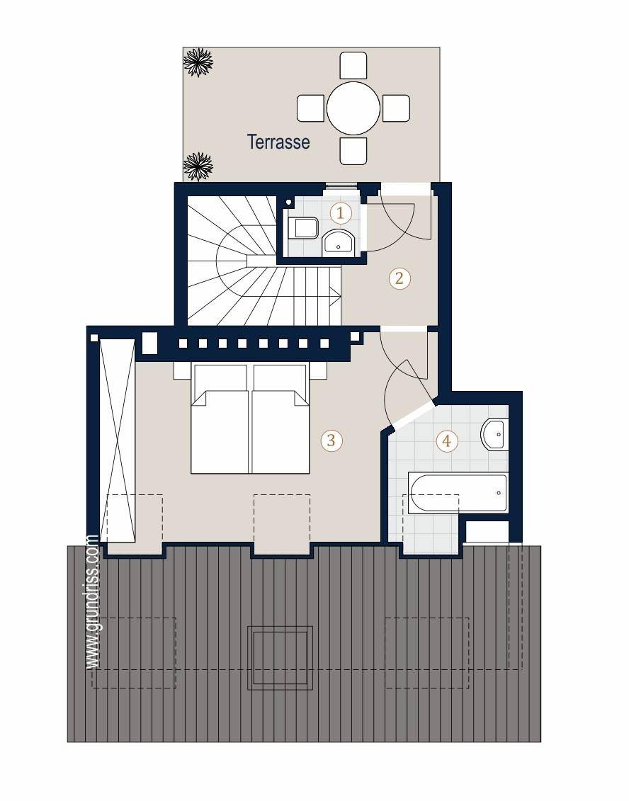 Grundriss des Obergeschosses mit Schlafzimmer, Badezimmer, Gäste-WC und einer angrenzenden Terrasse.