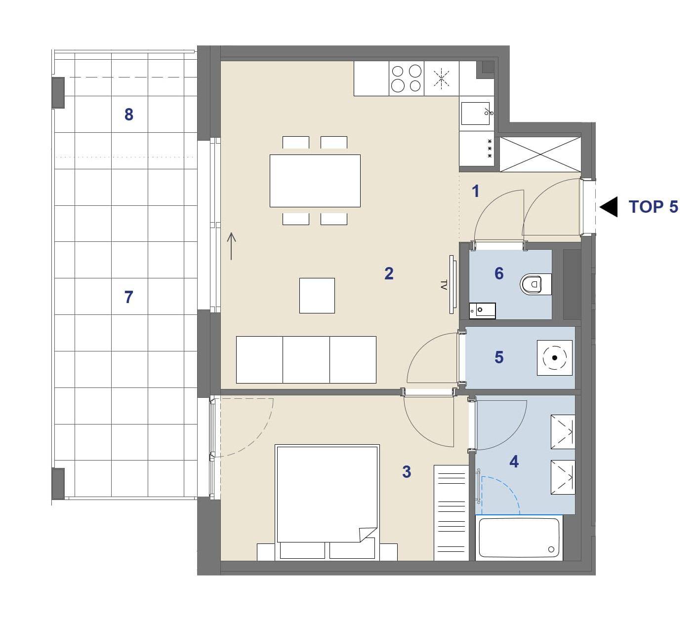 Grundriss einer modernen Wohnung mit offenem Wohnbereich, Schlafzimmer und großem Balkon.