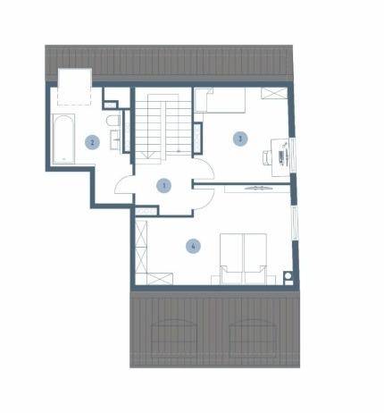 Der Grundriss des Obergeschosses präsentiert zwei Schlafzimmer, ein Badezimmer und einen Balkon.