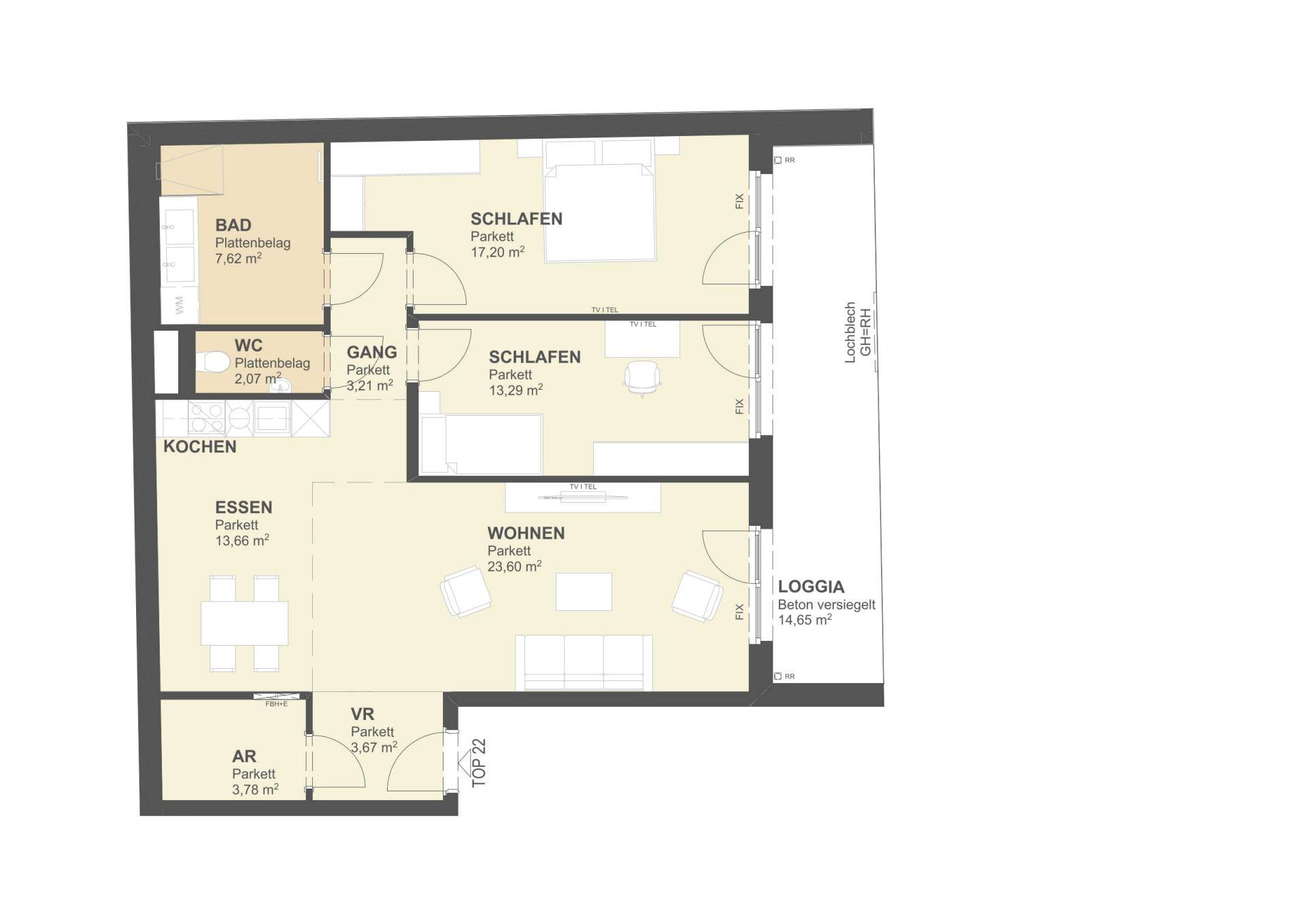 Grundriss einer Wohnung mit zwei Schlafzimmern, offener Küche und Loggia.
