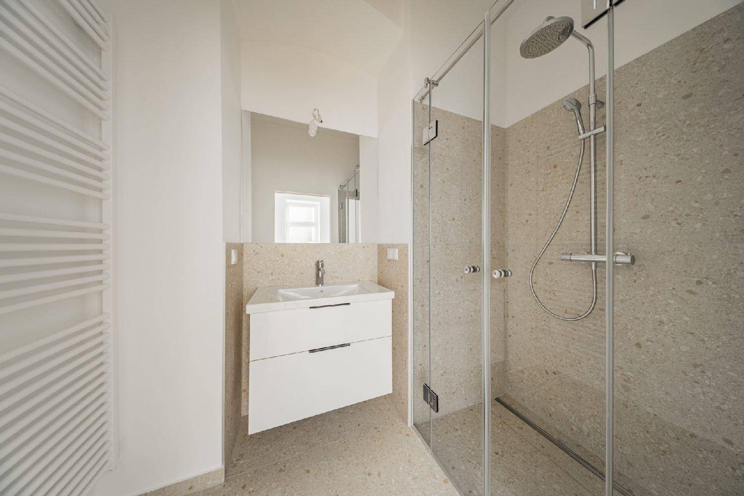 Modernes Badezimmer mit begehbarer Dusche, Waschtisch und beheiztem Handtuchhalter.
